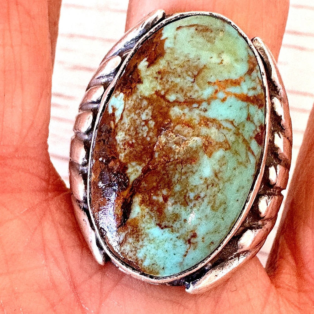 Big Navajo Mens Turquoise Ring Sz 10 Sterling Signed R Fans 24g Handmade Native